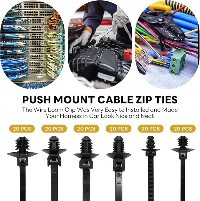 Semrien 120 Pcs Push Mount Cable Ties Assorted Sizes, Black Nylon Push Mount Zip Ties Wire Harness Clips, 6-Types Snap in Zip Ties Self Locking Automotive Wire Ties for Wire Tying, Automotive