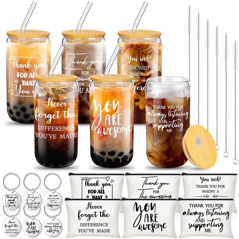 Maxcheck 6 Set 2026 Employee Appreciation Thank You Gifts Bulk Inspirational 16 oz Can Shaped Glass Cups Canvas Bag Keychain for Nurses Coworkers Staff Volunteers Work(Inspirational)