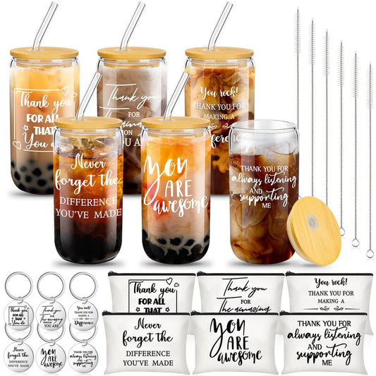 Maxcheck 6 Set 2026 Employee Appreciation Thank You Gifts Bulk Inspirational 16 oz Can Shaped Glass Cups Canvas Bag Keychain for Nurses Coworkers Staff Volunteers Work(Inspirational)