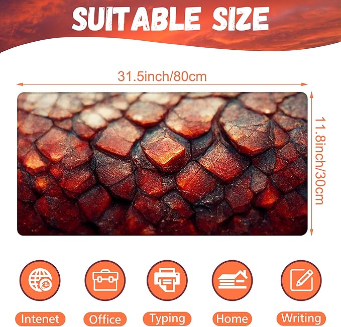 KOAIWPAE Desk Mat, Red Fire Dragon Scales Desk Pad, Cool Dragon Large Gaming Mouse Pad for Desk, 31.5"x15.7" Extended Big Computer Keyboard Mouse Pad with Non-Slip Base and Stitched Edge