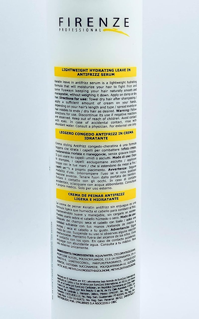Firenze Keratin Anti-Frizz Serum - Hydrating Smoothing Treatment for Dry Hair | 300ml (10.1 fl oz)