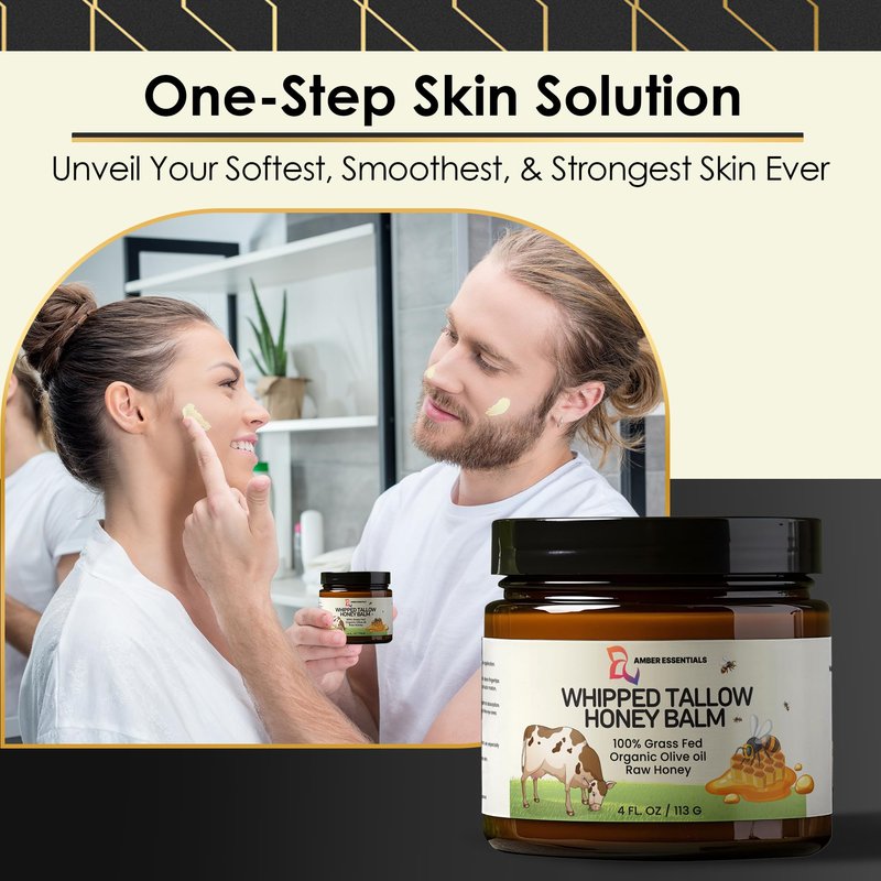 AMBER ESSENTIALS Organic Grass-Fed Beef Tallow and Honey Balm | All-Natural Moisturizer with Raw Honey & Olive Oil | Face + Body Cream for Dry, Sensitive Skin, Anti-Aging, Cracks, Acne-Prone Skin 4oz