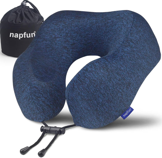 Napfun Travel Neck Pillow - Upgraded 100% Pure Memory Foam for Airplane Comfort | Portable Blue Headrest