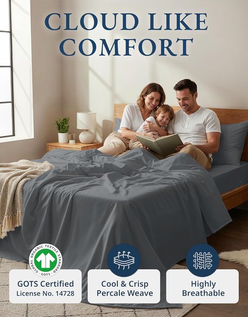 **LANE LINEN Organic Cotton Queen Bed Sheets - Soft, Naturally Cooling Percale | Charcoal, 15" Deep Pocket**