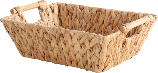 Water Hyacinth Basket by Handcrafted | Large Rectangular Wicker Storage Basket with Wooden Handles