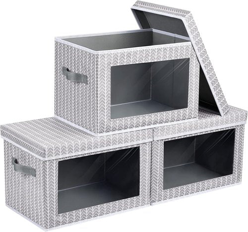 Homsorout Storage Cubes - 3-Pack Fabric Bins with Lids & Windows | Grey & White Closet Organizers