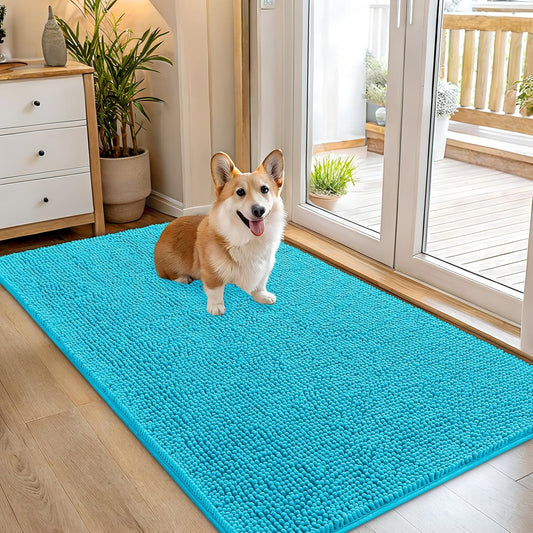 OLANLY Dog Door Mat - Absorbent Non-Slip Chenille Mat for Muddy Paws | 54x32 Inches, Aqua Blue