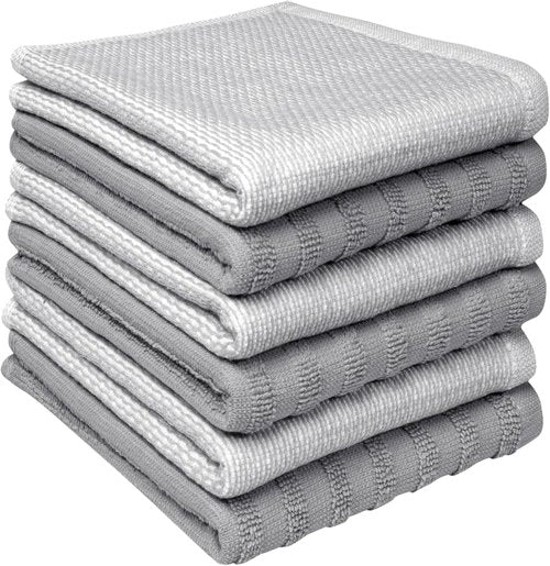 Bumble Premium Dish Cloths - Highly Absorbent 100% Natural Cotton | 13"x13" | 6 Pack - Soft Grey Terry Set