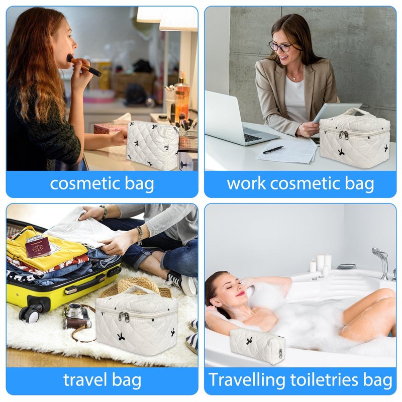 Cozomga Cute Cotton Quilted Makeup Bag Set, Large Travel Cosmetic Bag for Women, Big Make Up Bag with Toiletry Organizer, Aesthetic Storage for Daily Use & Travel