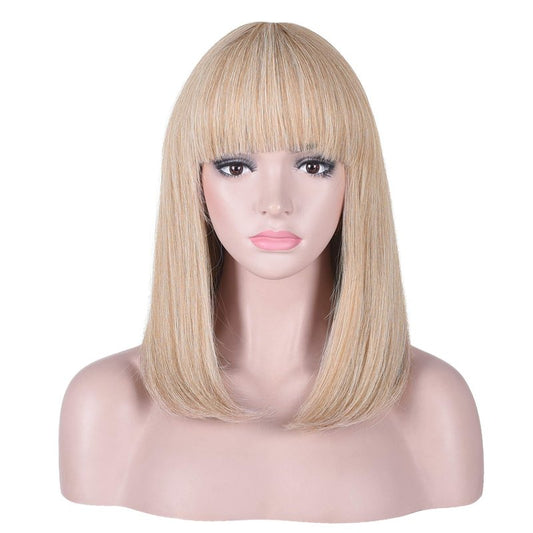 AMZCOS 15 Inch Short Straight Blonde Highlights Bob Wig with Bangs | Natural Heat Resistant Synthetic Hair Wigs for Women