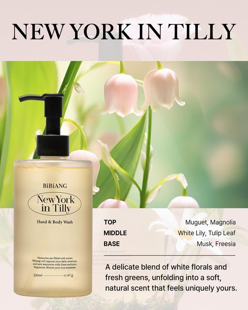 BiBiANG New York in Tilly Body Wash - Korean Body Care for Cleansing & Moisturizing - Hydrating Body Care Formula with Floral Lily Scent, Honey Propolis & Chamomile - 10.82 fl.oz