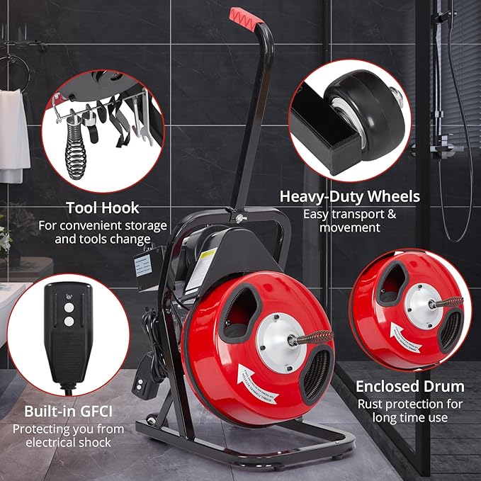Garvee K-300F 1/2 in 50 ft Red & Black Electric Drain Cleaner Machine - Automatic Auger for 1 to 4 in Pipes, Portable Design, 4 Cutters, Foot Switch Control, and Includes Gloves.