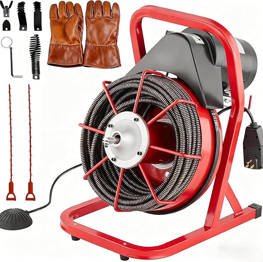 Drain Cleaner Machine, 75FT x 1/2 Inches Electric Drain Snake, 370W Auto Feed Sewer Snake Auger, Sewer Snake with 4 Cutters and Pneumatic Foot Switch, for 1" to 4" Pipes, High Armrests for Sinks