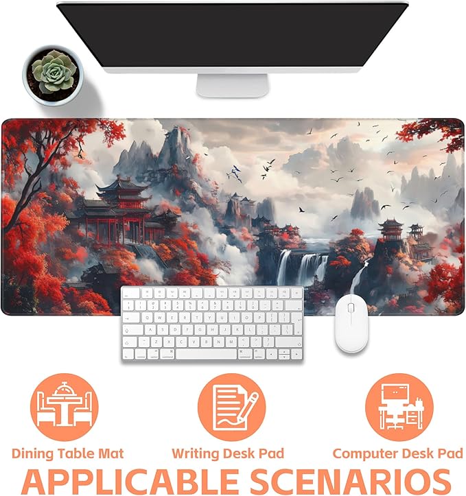 NIYLYNSYN Mouse Pad Large Chinese-Style Landscape Painting Non-Slip Gaming Desk Mat with Stitched Edge Laptop Keyboard Desk Pad for Work Home Gaming (35.4 x 15.7 Inches)