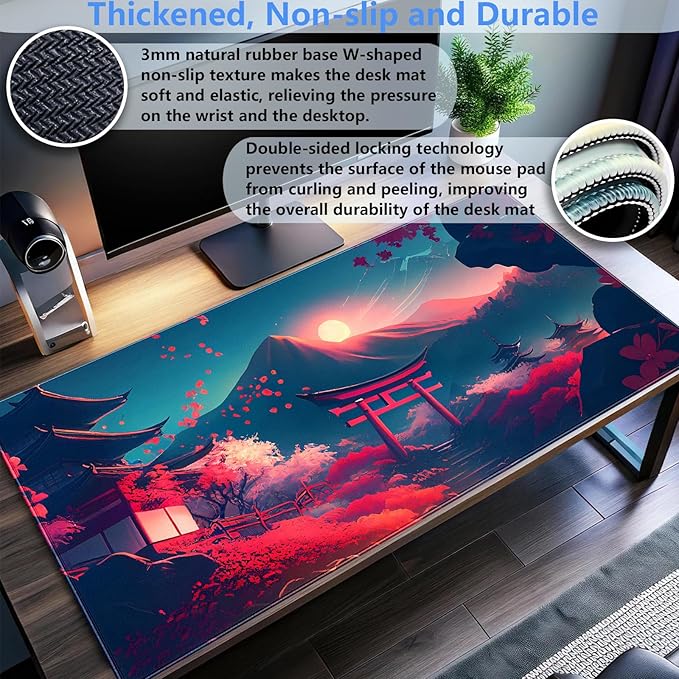 Cindasun Japanese Anime Mouse Pad - Pink Sakura & Full Moon Design Gaming Desk Mat, XL Large (31.5"x15.7") Keyboard Pad for PC Laptop Office Decor