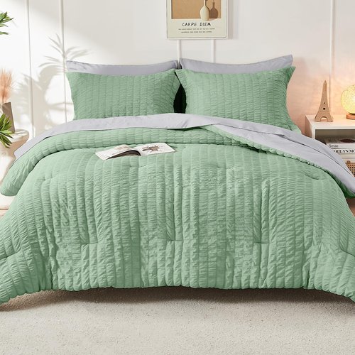 HYMOKEGE Sage Green/Light Grey Queen Comforter Set Seersucker 7 Pieces, All Season Luxury Bed in a Bag Queen for Bedroom, Bedding Set with Comforter, Sheets, Pillowcases & Shams