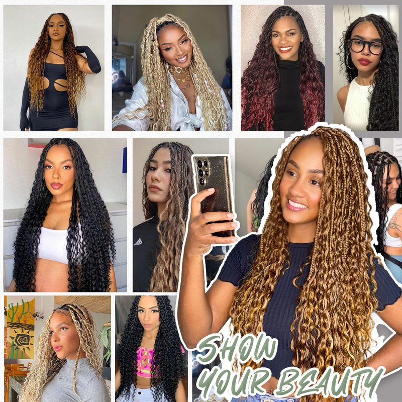 18 Inch 7 Pack Goddess Box Braids Bohemian Crochet Boho Box Braids With Curly Ends Pre-looped Crochet Braids Hair for Women Synthetic Braiding Hair Extensions,1B/530/350