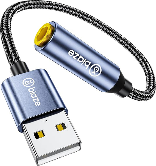 biaze USB to 3.5mm Jack Audio Adapter, External Stereo Sound Card USB-A to Audio Jack Adapter with Auxiliary Stereo Converter, Compatible with Desktop, Laptop Mac, Linux and More!