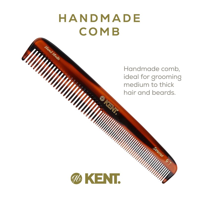 Kent 9T Tortoise Fine and Wide Tooth Comb Detangler - Large Handmade and Saw-Cut Dressing Combsw,for Wet and Dry, Hair Comb for Women and Durable Grooming Comb for Men Made in England