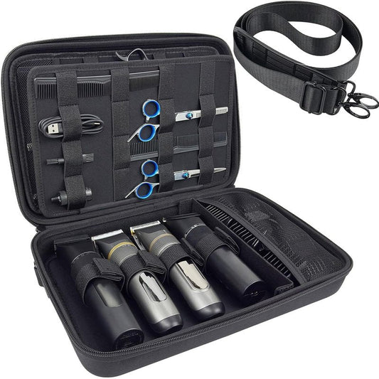 Hard Travel Barber Case - Large Clipper Storage Organizer with Adjustable Shoulder Strap | Black