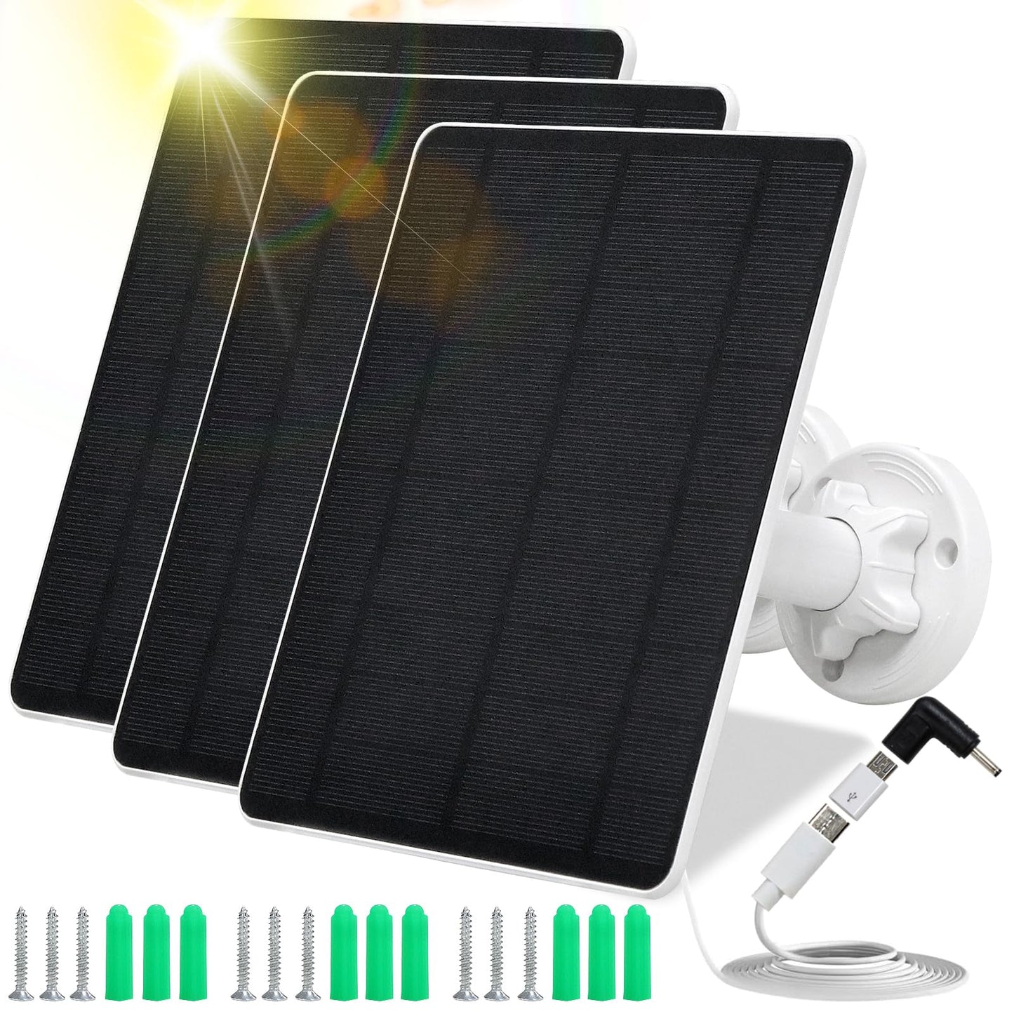 Solar Panel for Security Camera,5W USB Solar Panel for Cameras DC 5V,Camera Solar Panel Charger Micro USB & USB-C & DC,IP65 Waterproof USB Solar Panel Charger for Camera with 360°Adjustable Mounting