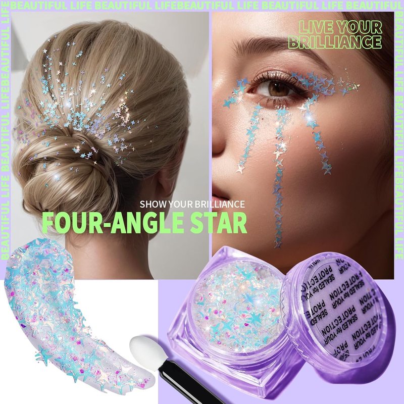 Face Glitter Gel for Women - Clear White Body Glitter with 6 Shapes | Chunky Rave Makeup Sequins