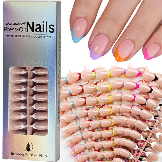 216 Pcs French Tip Press on Nails Medium Almond Fake Nails 9 Color French Tips Glossy Acrylic Glue On Nails Full Cover Soft Gel False Nail Tips Kit for Women DIY Nail Art Manicure 12 Size