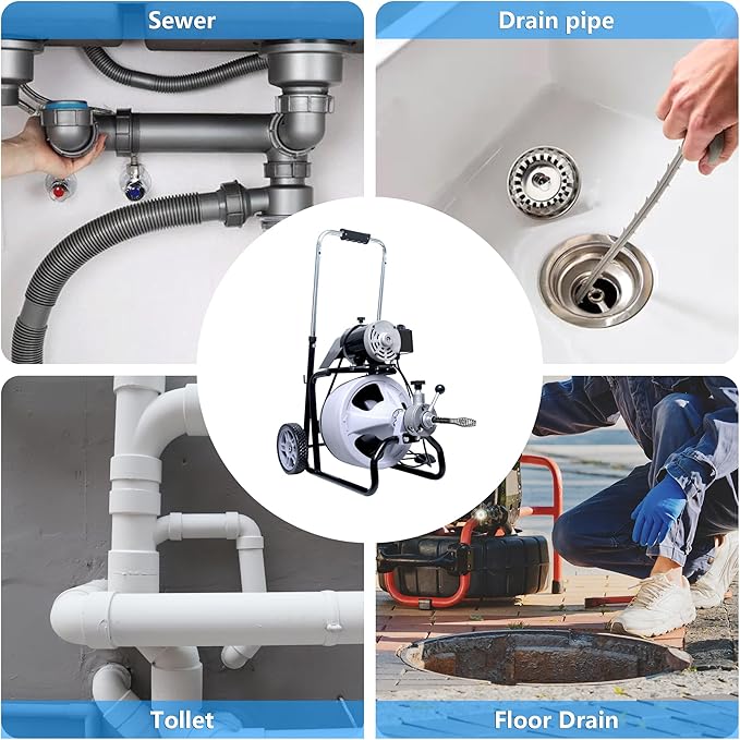 Drain Cleaner Machine 75FT x 1/2 Inch, Auto Feed Sewer Snake Drain Auger - Electric Drain Cleaning Machine Fits 1 Inch to 4 Inch Pipes, Portable Drain Auger Cleaner with 8 Cutters