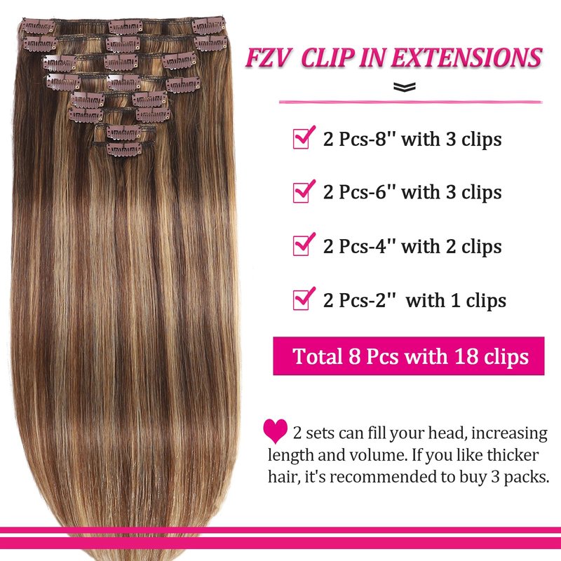 Clip in Hair Extensions Kinky Human Hair 110g Remy Human Hair Clip on Extensions 8pcs 18 Inch Soft Hair for Fashion Women 18Clips/Set Chocolate Brown to Honey Blonde Hair Extensions (#P427)