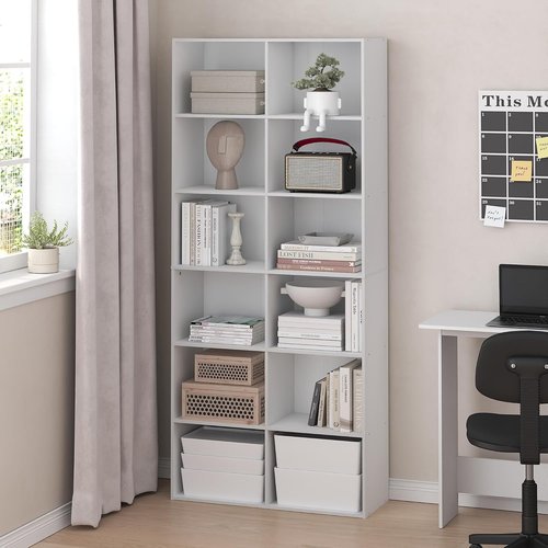 Furinno 12-Cube Bookshelf - Open Shelf Bookcase & Cube Storage Organizer | Plain White, 12 x 32 x 71