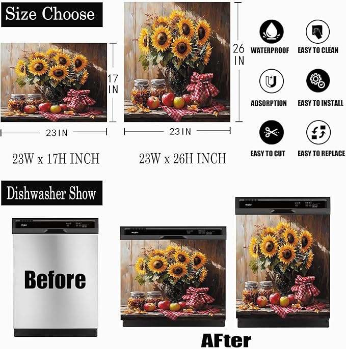 Sunflower Apples Magnet Dishwasher Cover Decorative Farmhouse Kitchen Vintage Dishwasher Covers for The Front Dishwasher Door Magnet 23" x 26" Magnetic