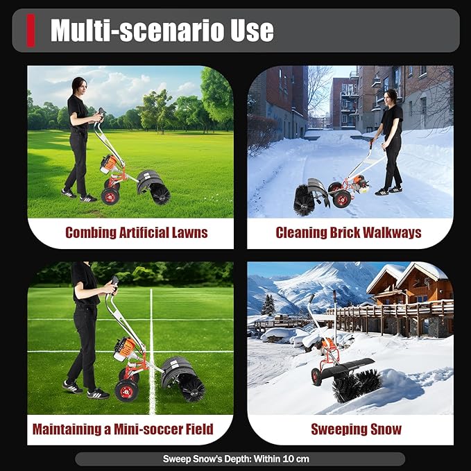 52cc Handheld Snow Sweeper Brush Broom, Gas Power Folding Outdoor Driveway Turf Grass Snow Cleaning Tool Walkway Cleaner for Leaves, Snow, and Gravel