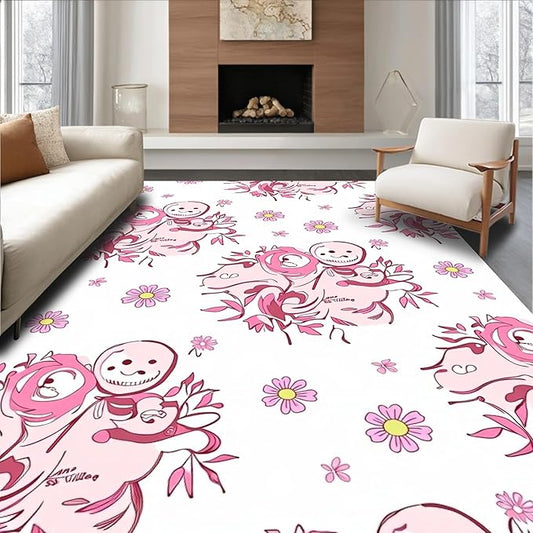 Flatwoven High Traffic Area Rug 4x6, Vintage Snowman Holiday Shower Curtain with Bath Toilet Cover, Non Slip, Stain Resistant, Washable Area Rugs for Living Room, Bedroom (Pink, 4x6)