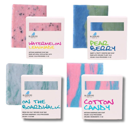 Bluebyrd Soap Co. Natural Kids Soap Bars Variety Pack – 4 Fun Scents: Cotton Candy, Pear Berry, Sea Salt, Watermelon Lemonade – Organic Handmade Teen & Kids Soap Gift Set – USA Made