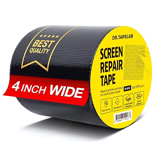 DR.TAPELAB, Black Window Screen Repair Tape, 4 in X 15 FT, Screen Repair Kit for Windows or Doors, Strong Adhesive Patch Kit Fiberglass Mesh Tape