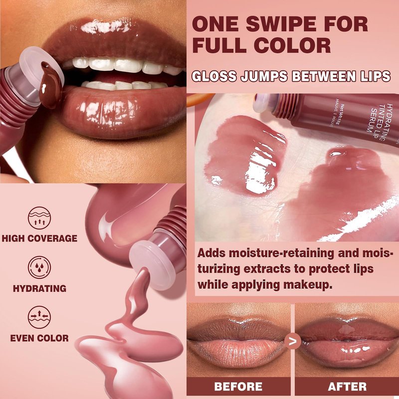LuckNest Tinted Lip Serum Gloss – Hydrating Lip Plumper with Natural Shine, Nourishing Hydration with Polypeptide Non-Sticky, Long-Lasting Color, Moisturizing Lip Makeup (6Pcs)