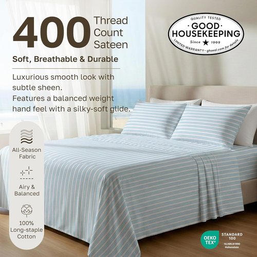 California Design Den 100% Cotton Full Size Sheet Set - Award-Winning 400 TC, Smooth Sateen Finish, Deep Pockets - Cape Stripe Blue