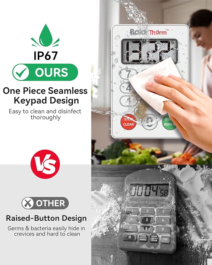 BaldrTherm Digital Kitchen Timer Waterproof, Strong Magnetic Cooking Timer with 3 Adjustable Volume Levels & Silent Flashing Light, Countdown Timer for Cooking, Baking Shower, Classroom, White