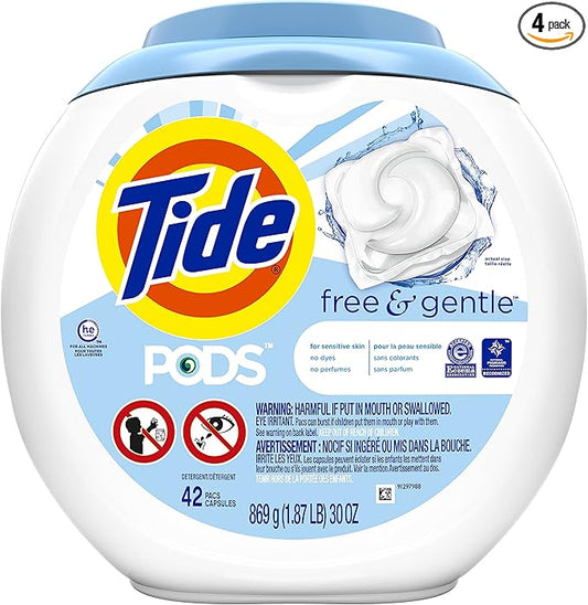 Tide Pods Liquid Detergent Pacs, Free & Gentle, 42 Count (Pack of 4) (Packaging May Vary)