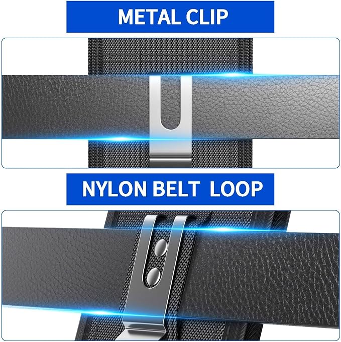 Magnetic Closure Holster for iPhone 17 Pro, 17 Air, 17e, 17, 16 Pro, 16e, 16, 15 Pro, 15, 14 Pro, 14, 13 Pro, 13, 12 Pro, 12 - Vertical Leather Nylon Belt Case Pouch (Fits Slim Case on) (Medium)