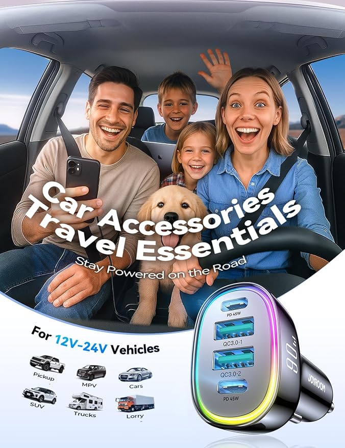 120W for iPhone 17 16 Pro Max Car Charger USB C Fast Charge, 4-Port Car Charger Cigarette Lighter Adapter, Dual 60W USBC & USB-A Multiport Car Adapter for iPhone 17 Pro/15/14/13, Galaxy S26/S25, iPad