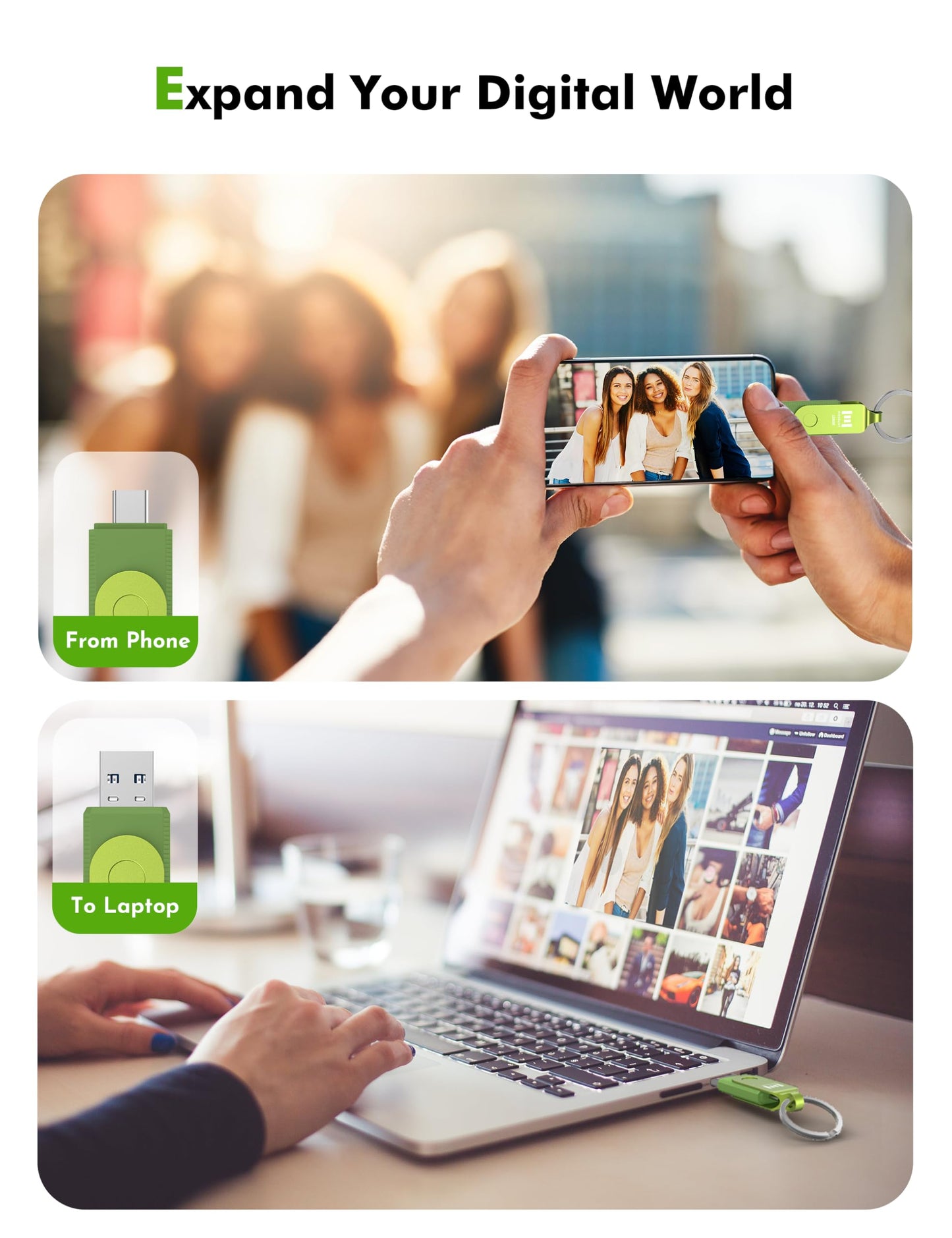 MOSDART 128GB USB C 3.2 Fast Speed C and A Dual Flash Drive, exFAT Memory Stick with Keychain and LED Indicator, for iPhone 15,16, 17, Android Phone, iPad, MacBook, and Other Laptops, Green