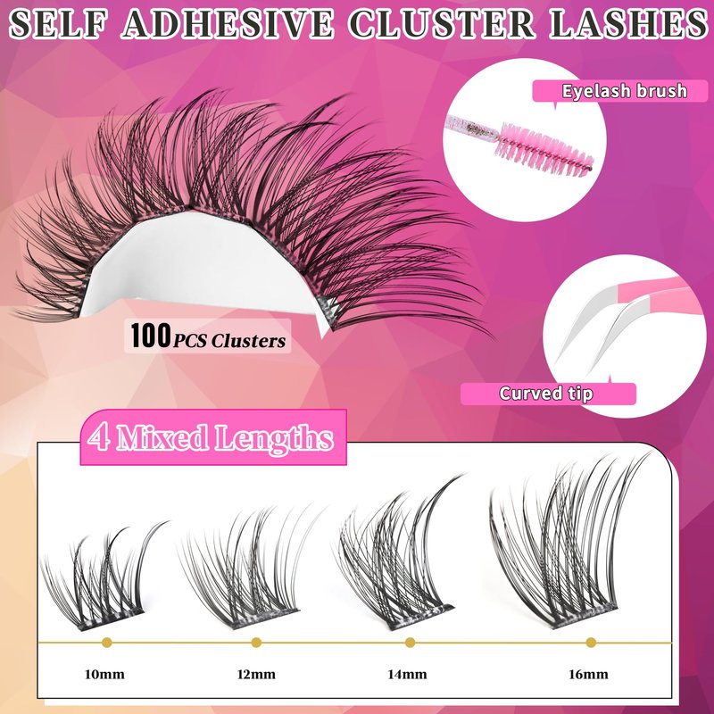 Self Adhesive Eyelashes Clusters Wispy Eyelash Extension Self Adhesive Eyelashes Reusable Press on Lashes No Glue Needed lash Clusters 10-16mm D Curl Individual Lashes Extensions with Tweezers