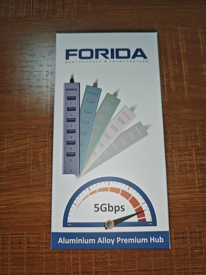 FORIDA Aluminum USB to Ethernet Adapter with 7-Port USB Hub – 3.9ft Long Cable, Gigabit Ethernet Port, 5V/3A Power Port | USB Extender Compatible with Windows, macOS, Linux & More
