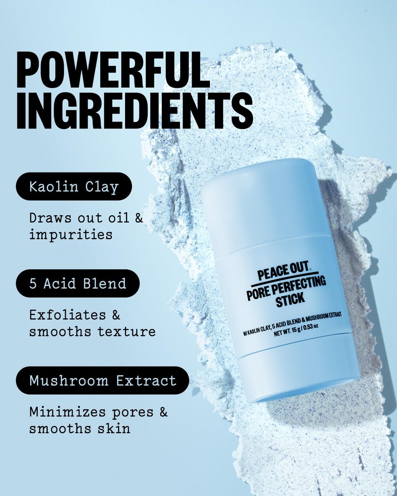 PEACE OUT Pore Perfecting Stick With Kaolin Clay to Clear Clogged Pores, Exfoliating Face Cleanser with Glycolic and Salicylic Acids, Draw Out Dirt & Oil (0.53 oz)