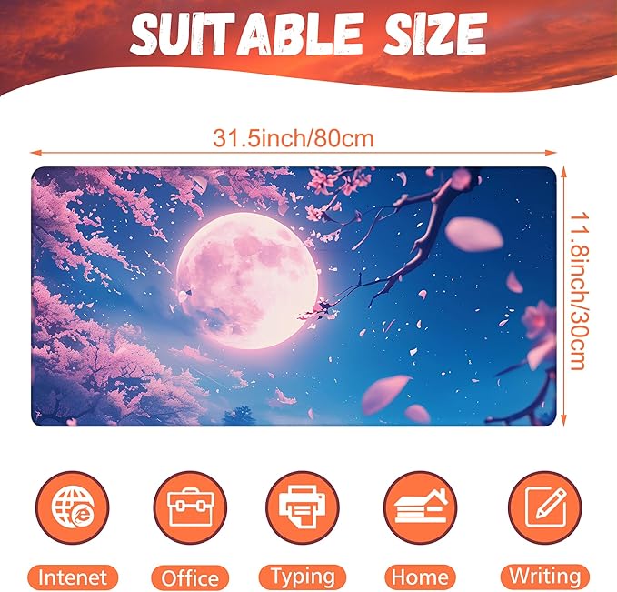 KOAIWPAE Large Gaming Mouse Pad for Desk, Falling Cherry Blossoms Desk Mat, Bright Full Moon Desk Pad, 31.5"x15.7" Extended Big Computer Keyboard Mouse Pad with Non-Slip Base and Stitched Edge