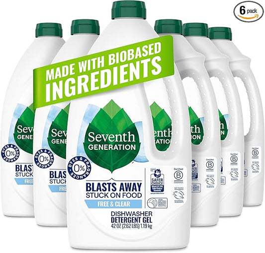 Seventh Generation Dishwasher Detergent Gel for Sparkling Dishes Free & Clear Fragrance Free 42 oz, Pack of 6