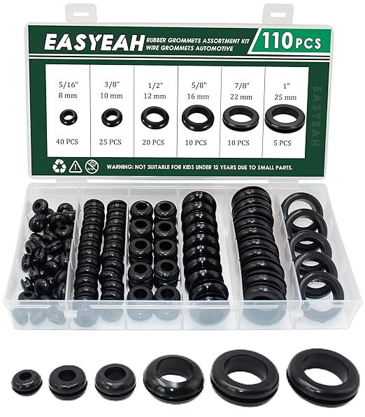EASYEAH 110 Pcs Rubber Grommets for Wiring - Rubber Grommet Assortment Kit 6 Sizes 5/16 3/8 1/2 5/8 7/8 1 Inch, Cable Hole Plug Firewall Automotive Wire Grommets Set for Sheet Metal, Hardware Repair