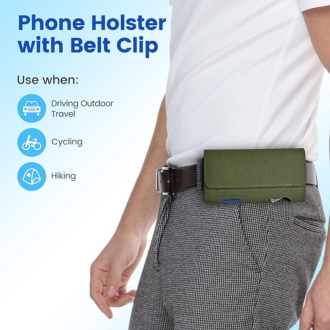 Mopaclle Nylon Phone Holster with Heavy Duty Metal Belt Clip and Card Holder, Compatible with iPhone 17/16/15/14/13 Pro Max,17 Air and Galaxy S26/S25/S24/S23/S22 Plus and FE - Green