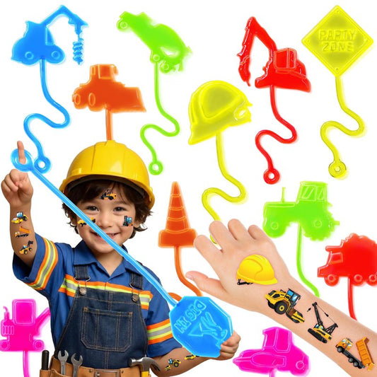 48PCS Construction Party Favors - 24PCS Temporary Tattoos & 24PCS Stick Hands Party - Perfect Birthday Party Supplies, Goodie Bag Stuffers, Treasure Box Toys, Classroom Prizes, and Student Gifts